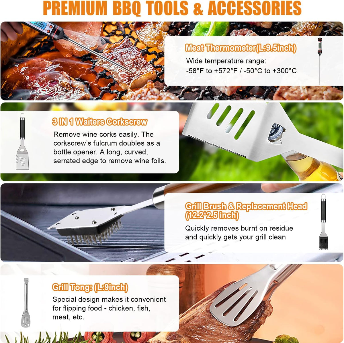 cifaisi 38pcs bbq tools grilling accessories set with showing dimensions