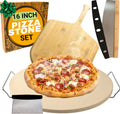Large Pizza Stone for Oven 16 inch - Round Pizza Stone for Grill with Handles, Wood Pizza Peel and Cutter Set - Baking Stone for Bread - Pizza Making Kit Accessories - Gifts for Food Lovers