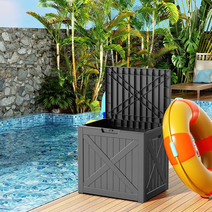 DRATO 33 Gallon Deck Boxes Resin Outdoor Storage Box UV Resistant Outside Deck Box with Lockable Lid for Patio Furniture（Black，33 Gallon）