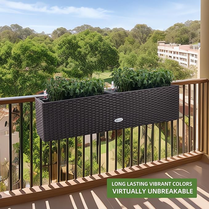 Dexceder 31.5 Inch Rattan Self Watering Planter Indoor Outdoor, Thickened Large Rail Flower Plant Pot Window Box with Water Level Indicators (Brown)