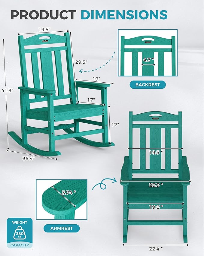 Ciokea Oversized Outdoor Rocking Chair, 380lbs Heavy-Duty Large Patio Rocker, Weather Resistant & Anti-Fade Porch Chair, High Back Cozy Rocking Chair for Outside, Fire Pit, Deck, Garden, Aruba Blue