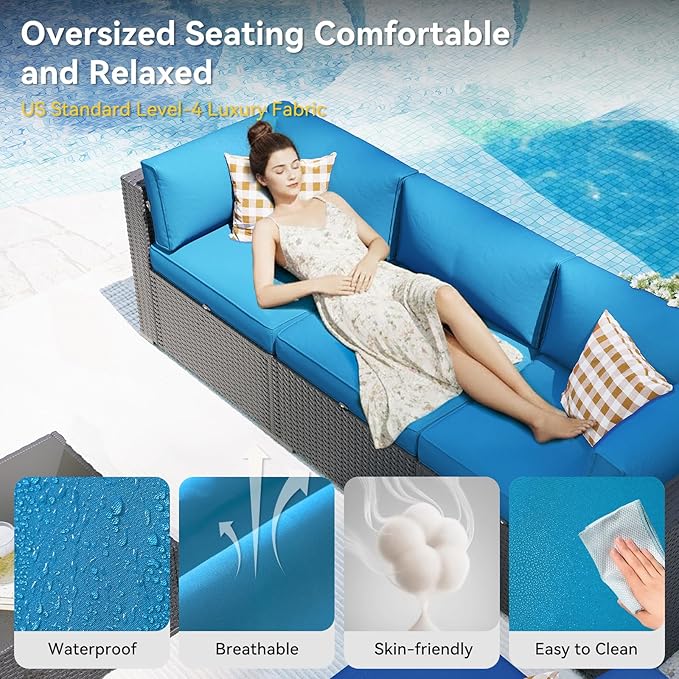 Aoxun Patio Furniture Set with Fire Pit Table, 12 Piece Outdoor Sectional Sofas, 10 Seats Wicker Rattan Outdoor Furniture with Thickened Cushion for Backyard, Garden Peacock Blue