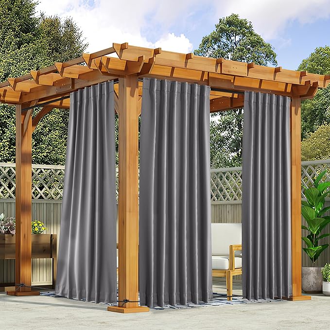 NICETOWN 2 Panels Outdoor Curtains Waterproof Pocket & Back Tab on Top & Bottom, Thermal Insulated Fixed Windproof Blackout Outdoor Drapes Privacy for Patio with Rope for Fixed, W52 x L95, Grey