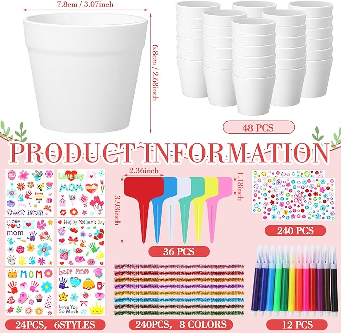Funnymoom 48 Set Paintable Flower Pot Craft Kit DIY Spring Pots Craft for Mom with Watercolor, Pen Stickers, Plant Labels Garden Growing Kits for Spring Mother's Day Fun Activity