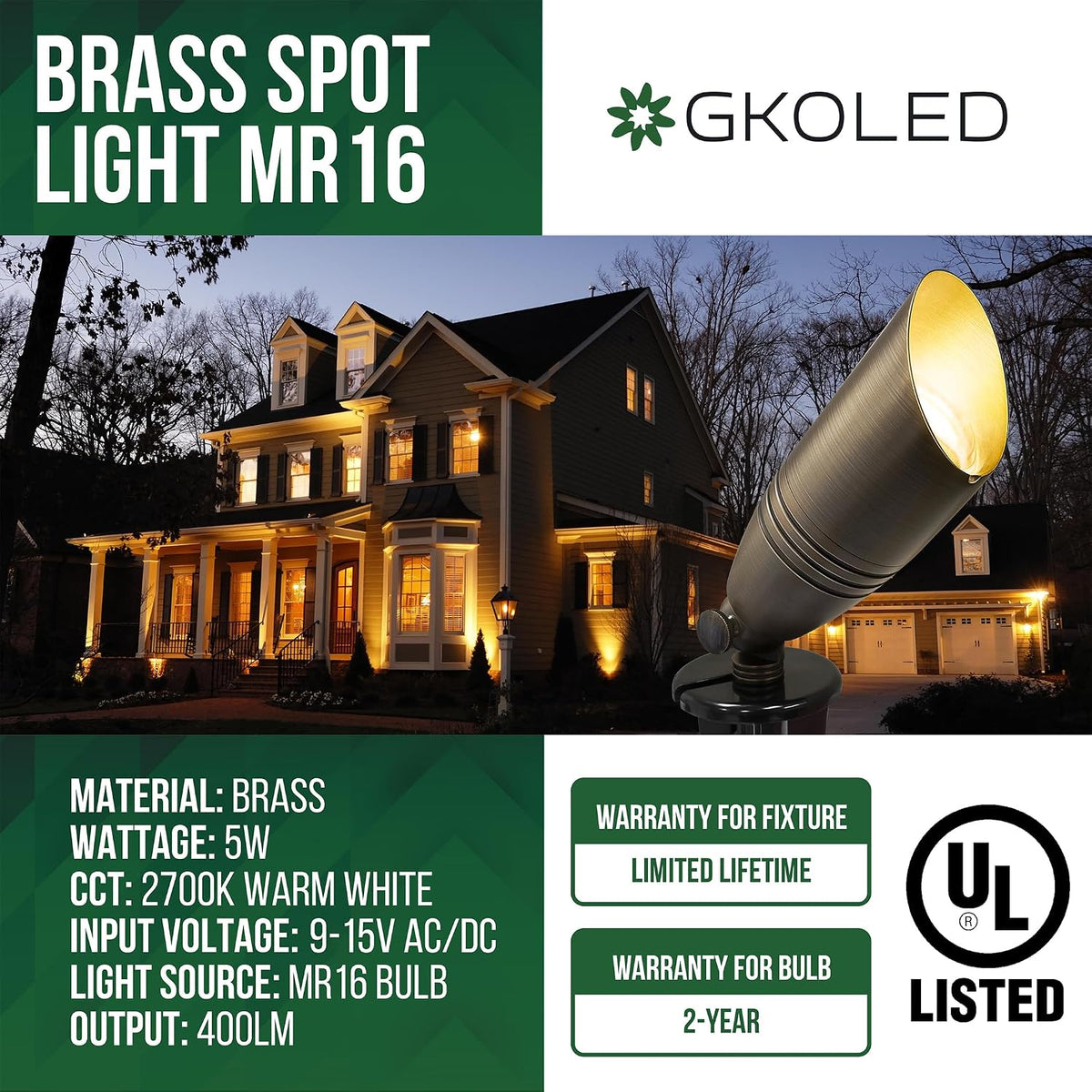 UL Listed Solid Brass Landscape Spotlight, Low Voltage Outdoor Directional Uplight, with 5W MR16 LED Bulb & Large Rugged Slot Spike, 12V AC/DC Garden Patio Spot Up Light (Pack of 3)