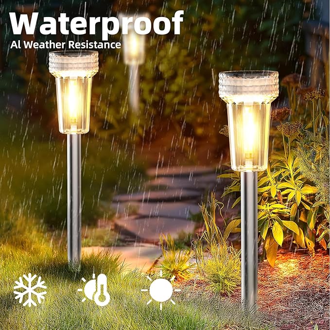 DERAYSION Solar Lights Outdoor, 8 Pack Solar Pathway Lights Waterproof Garden Lighting,Stainless Steel Pole Auto Dusk-to-Dawn Starburst for Path, Yard, Walkway, Driveway, Landscape(2700K Warm White)