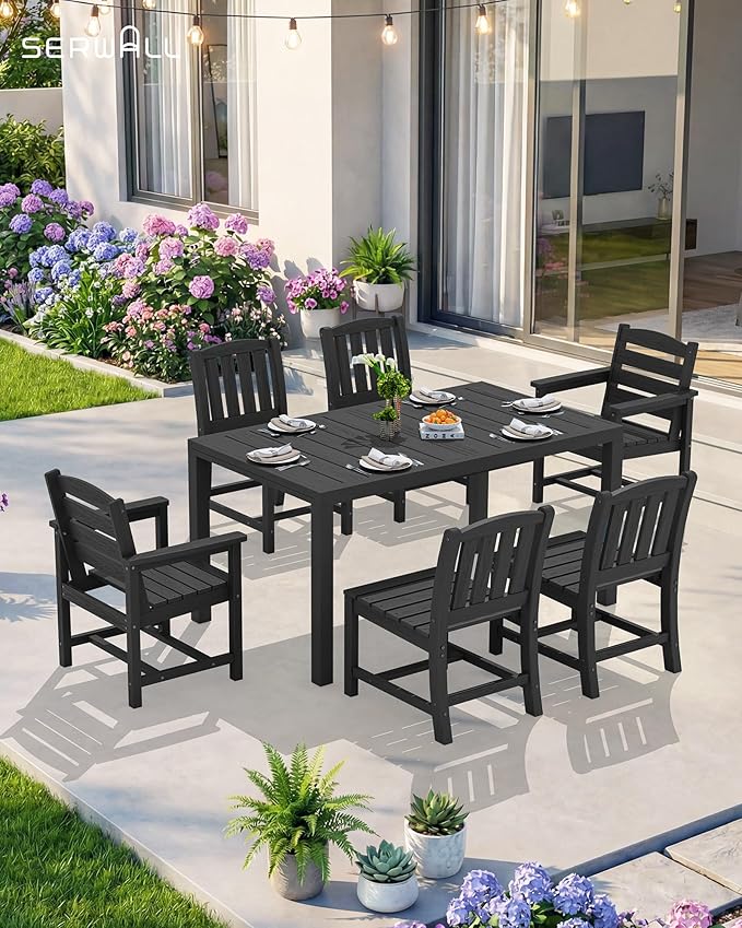 SERWALL 9-Piece Outdoor Dining Set, 60" - 83" Expandable Outdoor Dining Table and 8 HDPE Chairs, All Weather HDPE Outdoor Furniture Set for Backyard, Garden, Black