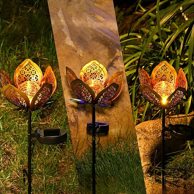 Solar Lights Outdoor Garden Decor,LED Lotus Flower Lamp, Metal Tulip Solar Lawn Lamp for Courtyard Decoration, Garden Gifts for Women