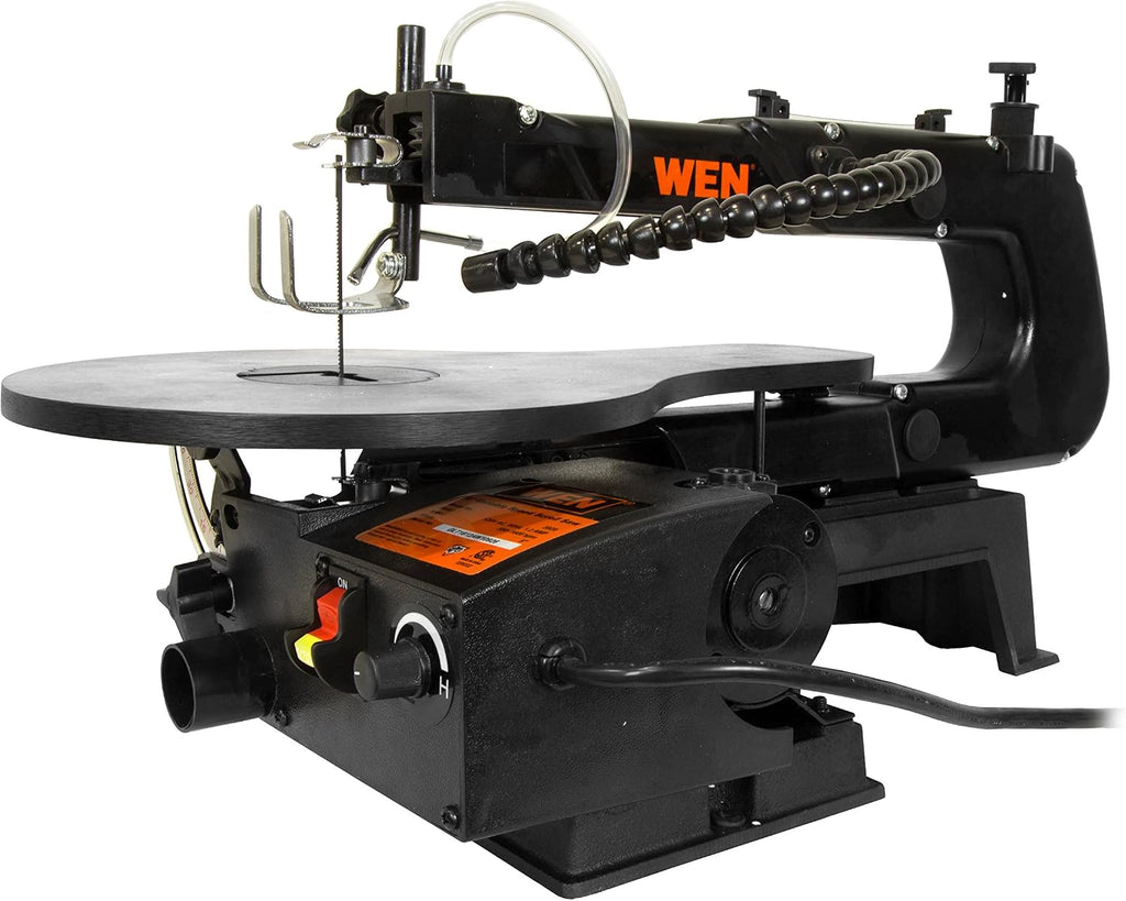 wen variable speed scroll saw, 16-inch with work, close-up detail