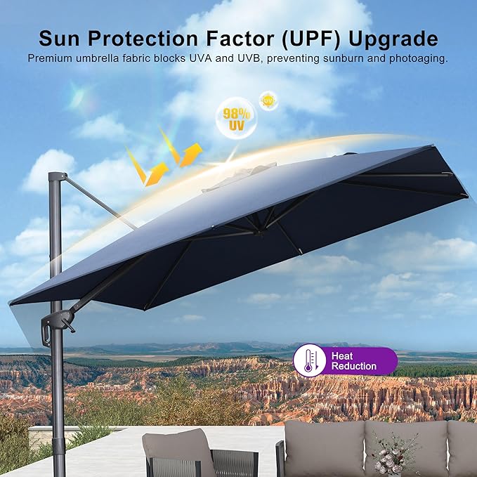 PURPLE LEAF 10 FT Outdoor Umbrella with Base Patio Cantilever Aluminum Umbrella with 3 Years Fade Resistance Recycled Fabric Offset Square with 360-degree Rotation for Deck Pool Garden, Ocean Slate