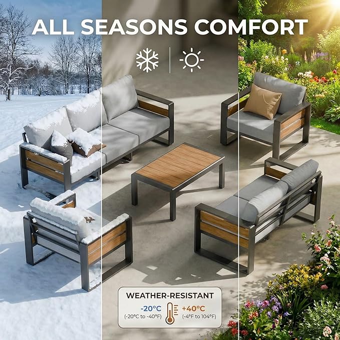 ZANDOR Aluminum Outdoor Patio Furniture Set, 5-Piece Metal Modern Outside Sectional Conversation Lawn Furniture with Coffee Table & Washable Thick Cushions,Seating Sofa for Garden/Backyard/Porch Grey