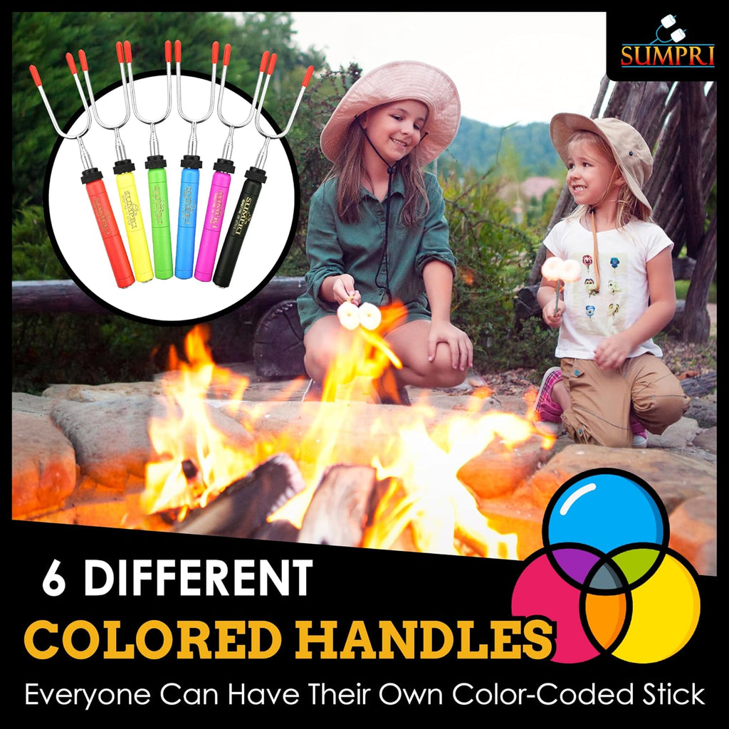Smores Sticks For Fire Pit - Marshmallow Roasting Sticks For Campfire, Rotating Smore Sticks Set of 6 - Safe, Fun Telescoping Multicolored 34 Inch Hot Dog Sticks - SUMPRI Long Camping Skewers