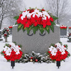 3 sets christmas cemetery flowers for grave, poinsettia, front angle view