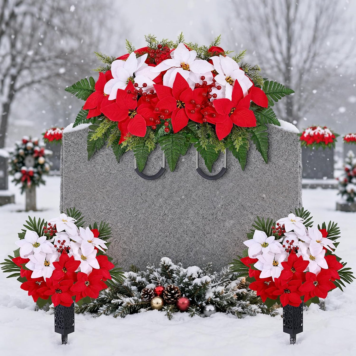 3 sets christmas cemetery flowers for grave, poinsettia, front angle view