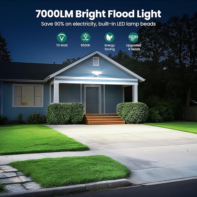 70W 7000LM LED Flood Lights Outdoor, Switch Controlled Security Lights with 4 Heads, Adjustable Heads, 6500K Daylight IP65 Waterproof Outside Wall Light for Backyard, Yard, Garage, Patio