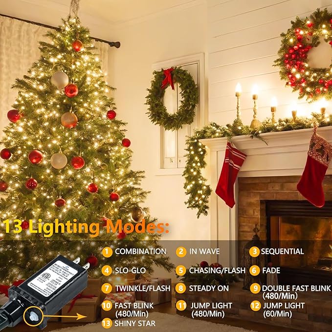 Connectable 100 LED String Lights Indoor Outdoor, 33FT Warm White Christmas Lights Waterproof, 13 Modes with Timer, Twinkle Fairy Lights Plug in Clear Wire for Christmas Tree, Bedroom, Classroom Decor