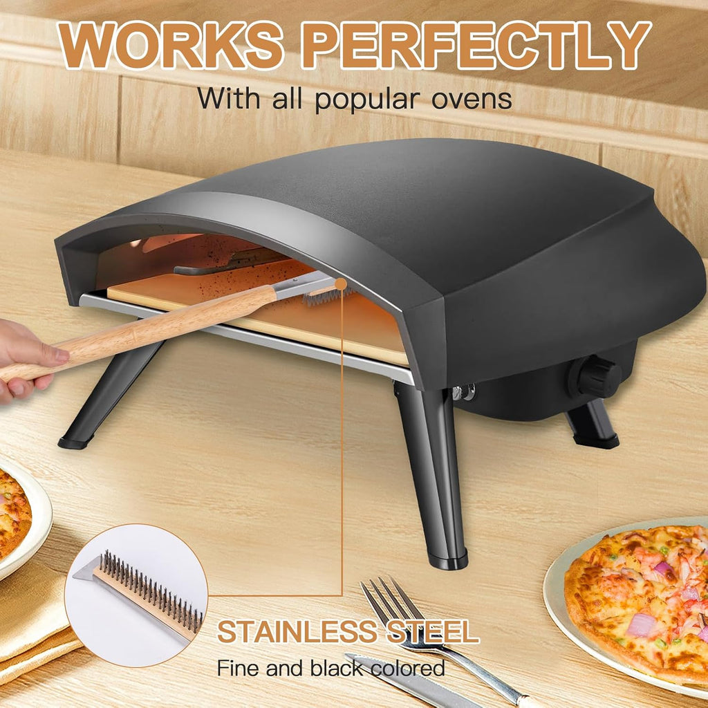 26" Stainless Steel Pizza Oven Brush with Extra Long Heat-Resistant Handle, Stone Scraper, Compatible with Ooni Ovens, Silver/Wood Finish