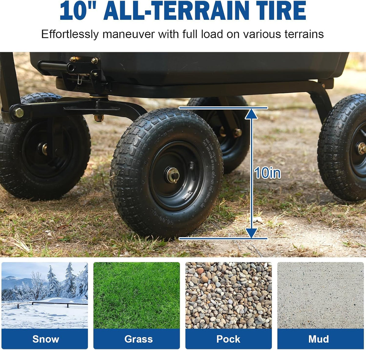 bilt hard 900 lbs poly garden dump cart showing dimensions