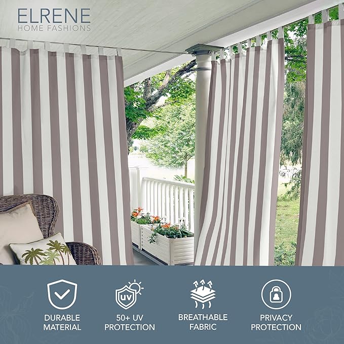 Elrene Home Fashions Highland Stripe Indoor/Outdoor Curtain Panel, 50 inches X 108 inches, Gray