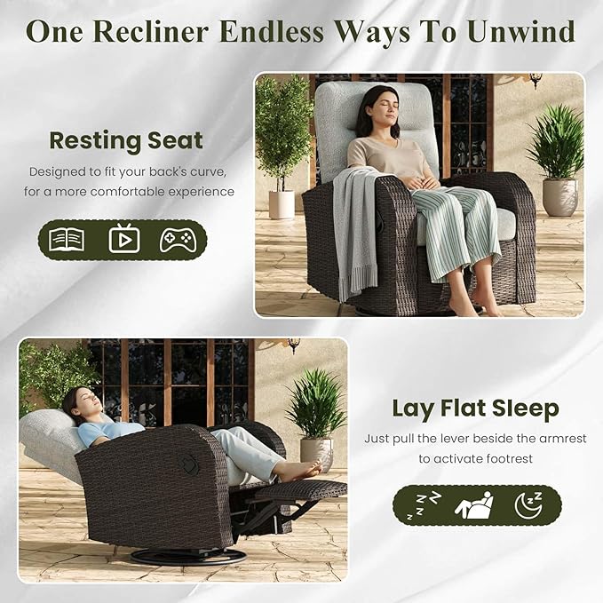 LayinSun Oversized Wicker Outdoor Swivel Glider Recliner with Adjustable Backrest & Footrest, Patio Reclining Lounge Chair - Set of 2