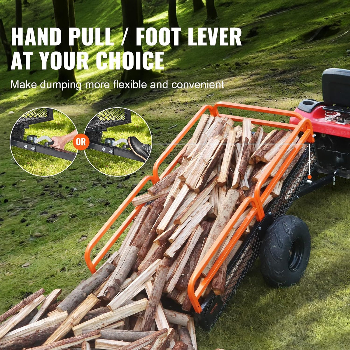 vevor atv utv trailer tow behind dump cart showing dimensions