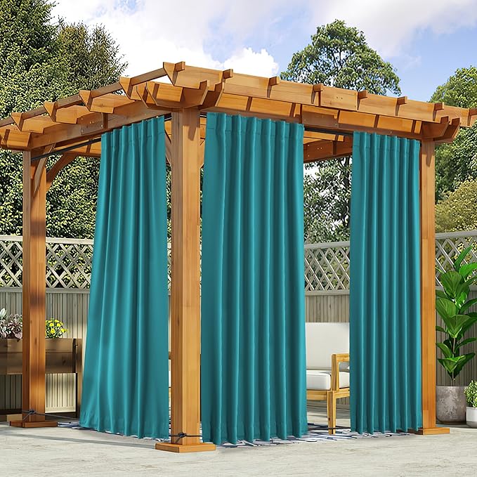 NICETOWN 2 Panels Outdoor Curtains Waterproof Pocket & Back Tab on Top & Bottom, Thermal Insulated Windproof Sun Blocking Outside Privacy Drapes for Patio with Fixed Rope, W52 x L84, Peacock Teal