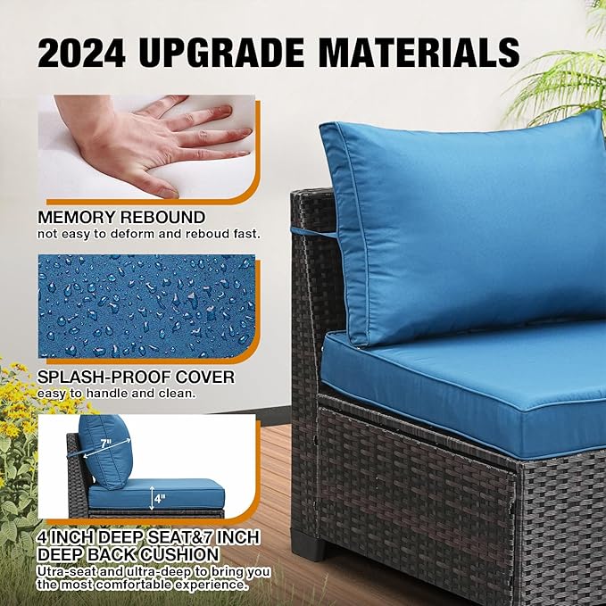 5 Pieces Patio Furniture Set All-Weather Outdoor Wicker Sectional Conversation Sofa Rattan Patio Seating Sofa with Cushion and Glass Table and Ottoman for Porch Poolside,Peacock Blue