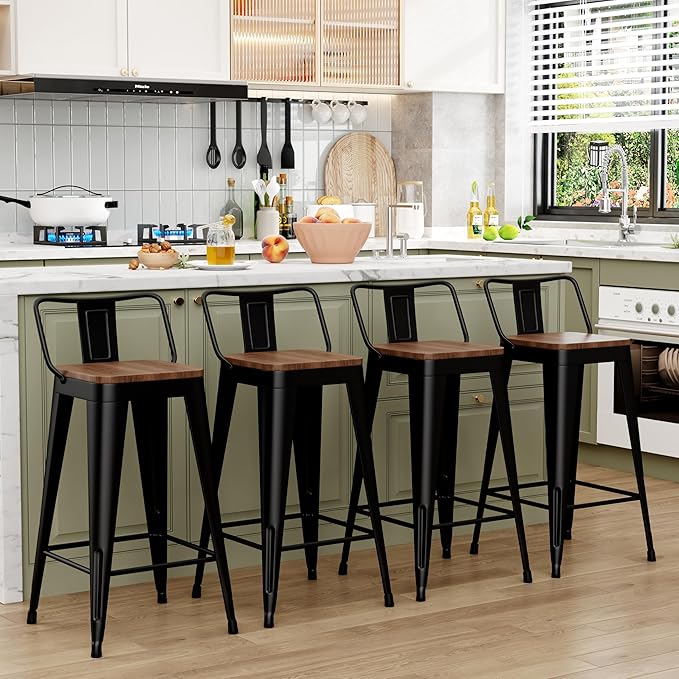 WENTMENT Bar Stools Set of 4 Counter Height Metal Barstools with Removable Back 30" Kitchen Bar Stools with Wooden Seat, Black