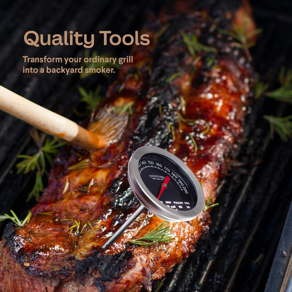 Grilling Accessories BBQ Smoker Box Grill Kit - Stainless Steel Smoke Box | 8-Piece BBQ Smoking Set, 304 Stainless Steel, Meat Thermometer, Grate Scraper, Recipe Cards, Fathers Day Gifts, BBQ Lovers