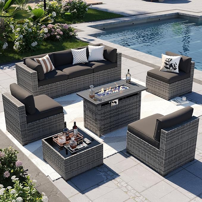 Aoxun Patio Furniture Sets, 8-Piece Outdoor Patio Furniture with 44'' Propane Gas Firepit Table, Wicker Outdoor Conversation Set Sectional Sofa for Backyard, Poolside, Garden