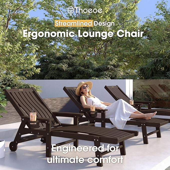 Patio Chaise Lounge Chair Set of 2, Oversized Lounge Chair Outdoor with 5 Positions, HDPE, Patio Lounge Chair with Wheels & Cup Holder for Pool, Deck, Poolside,Brown