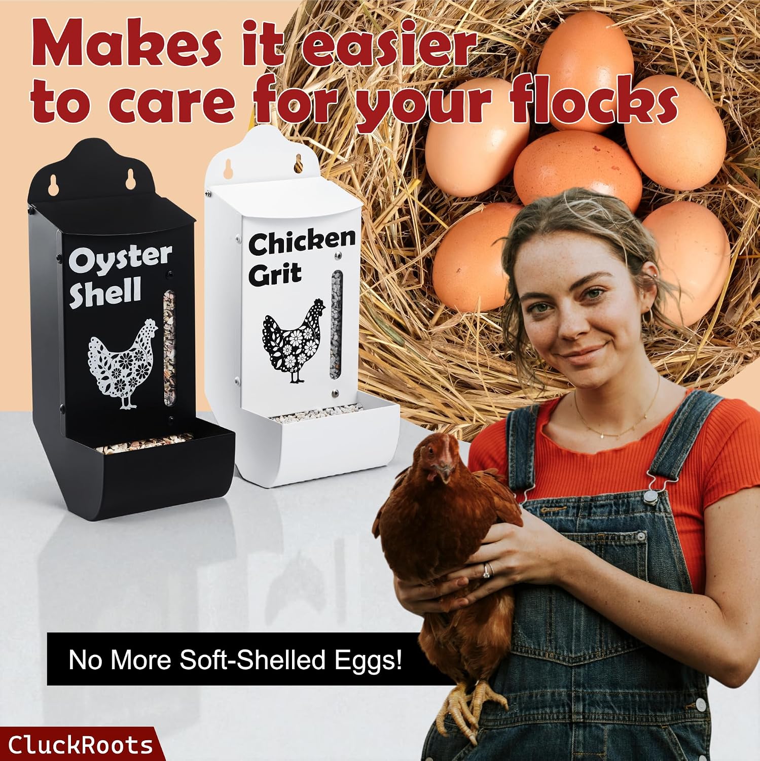 CluckRoots Chicken Grit and Oyster Shell Feeder Combo, No-Spill Metal | Lift-Off Heavy-Duty Dispenser w/ Rain Lid View Window, Small Flocks Capacity, Chicken Coop Accessories Gifts for Lovers