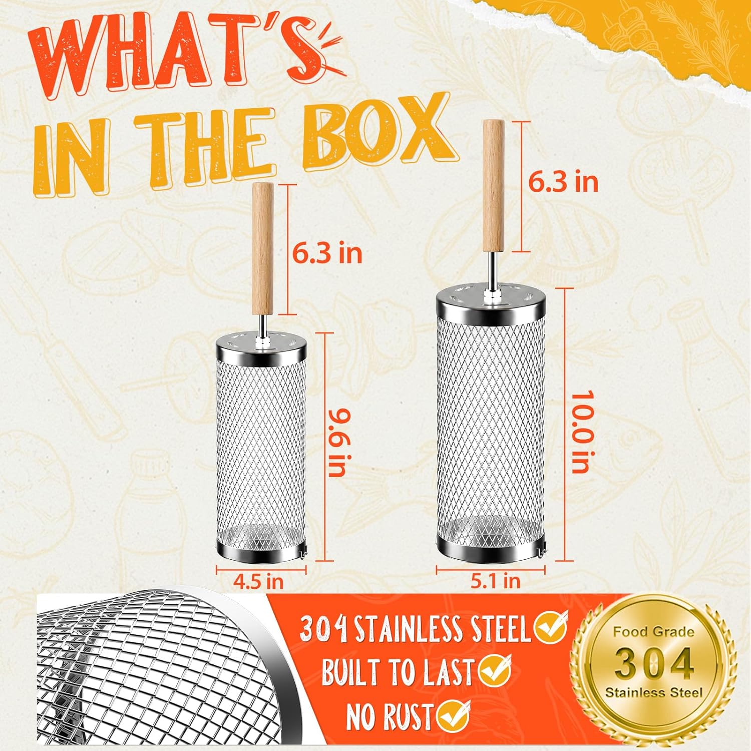 Rolling Grill Basket 2-Pack,304 Stainless Steel Grill Basket with Removable Wooden Handle,BBQ Tool & Smoker Accessory for Grill Rotisseries Veg & Shrimp,Ideal for Outdoor Cooking,Camping & Gifts for Dad/Husband/Men