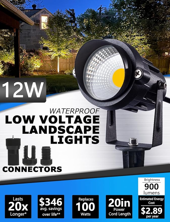SUNVIE 12W Low Voltage LED Landscape Lights with Connectors, Outdoor 12V Super Warm White (900LM) Waterproof Garden Pathway Lights Wall Tree Flag Spotlights with Spike Stand (12 Pack with Connector)