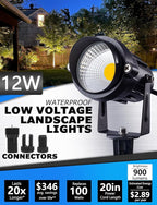 SUNVIE 12W Low Voltage LED Landscape Lights with Connectors, Outdoor 12V Super Warm White (900LM) Waterproof Garden Pathway Lights Wall Tree Flag Spotlights with Spike Stand (12 Pack with Connector)