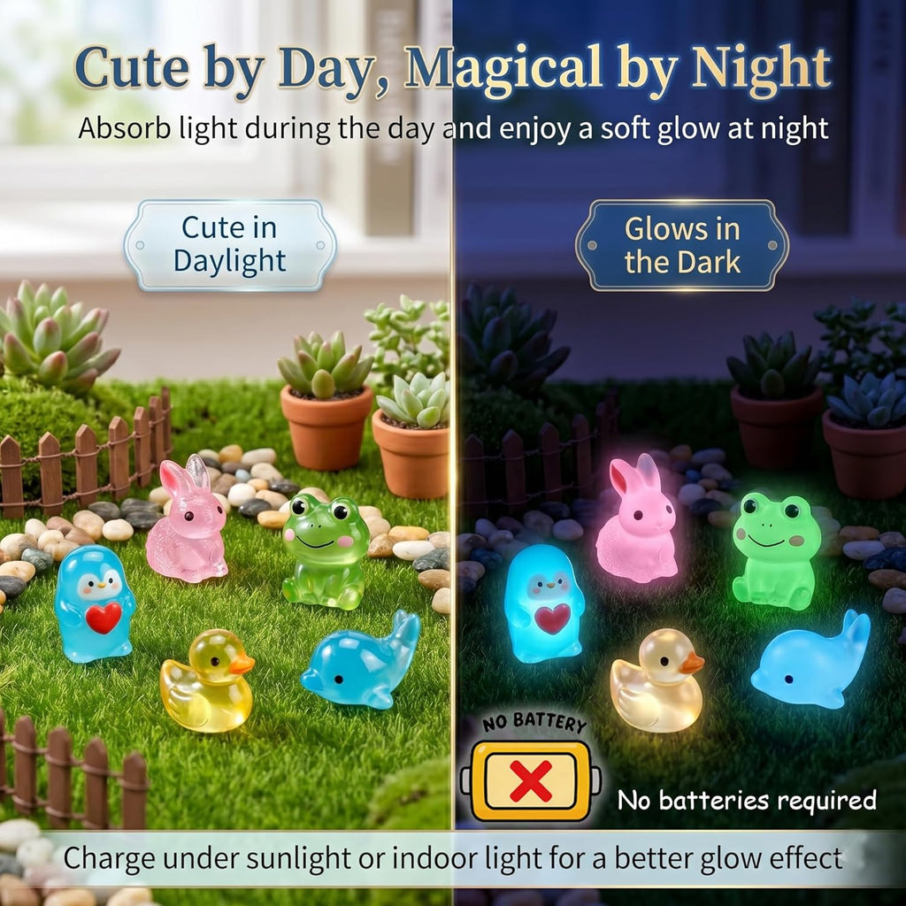 35Assorted Mini Resin Animals: 100Pcs Luminous Resin Figurines Variety Pack - Glow in the Dark Plastic Little Ducks Hedgehog Frog Rabbit Dinosaur for Fairy Garden Aquarium Fish Tank Décor