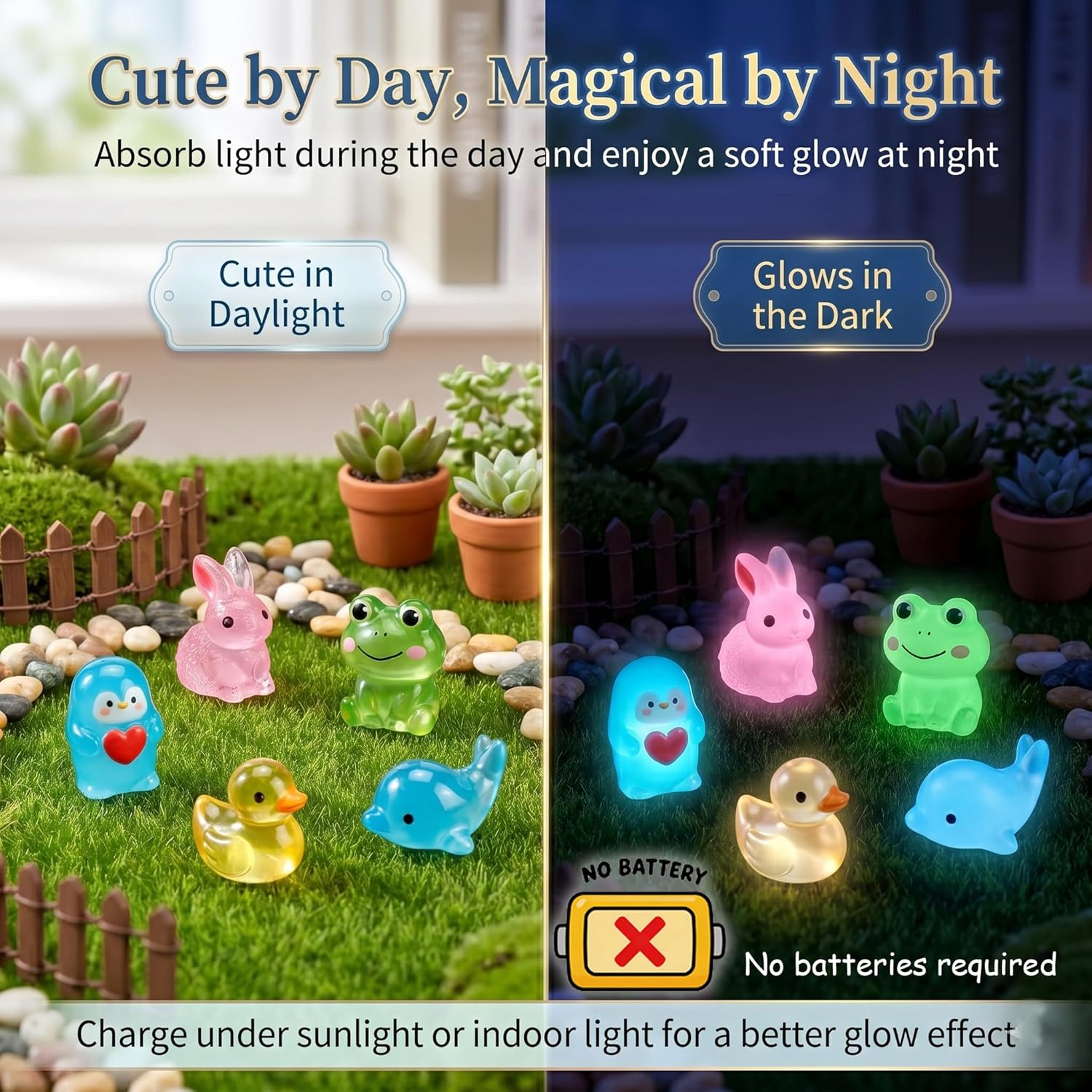 35Assorted Mini Resin Animals: 100Pcs Luminous Resin Figurines Variety Pack - Glow in the Dark Plastic Little Ducks Hedgehog Frog Rabbit Dinosaur for Fairy Garden Aquarium Fish Tank Décor