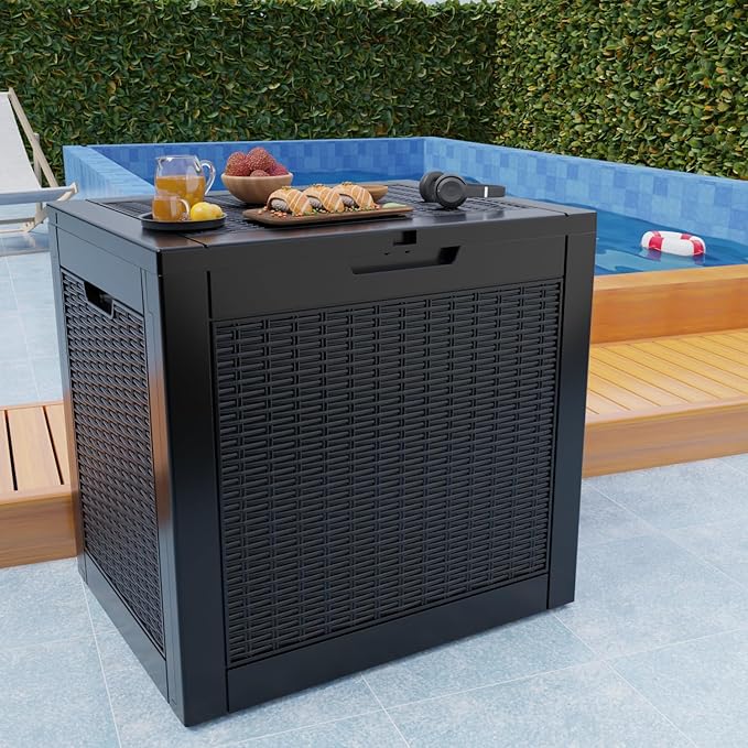 EasyUp 34 Gallon Resin Deck Box Waterproof, UV Resistant Outdoor Storage Box for Delivery, Garden, Patio,and Porch, Rattan Black