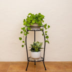 FaithLand 2 Pack Metal Plant Stands, Tall Planter Holder Indoor Outdoor, 2 Tier Round Potted Supports Rack, Corner Display Shelf Black