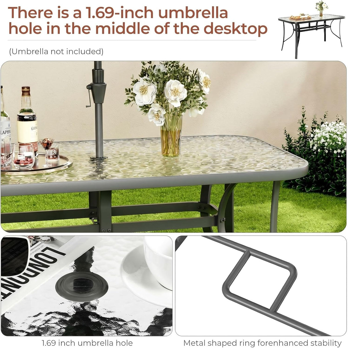 tlsunny patio 30"x 55" rectangular glass table with, close-up detail
