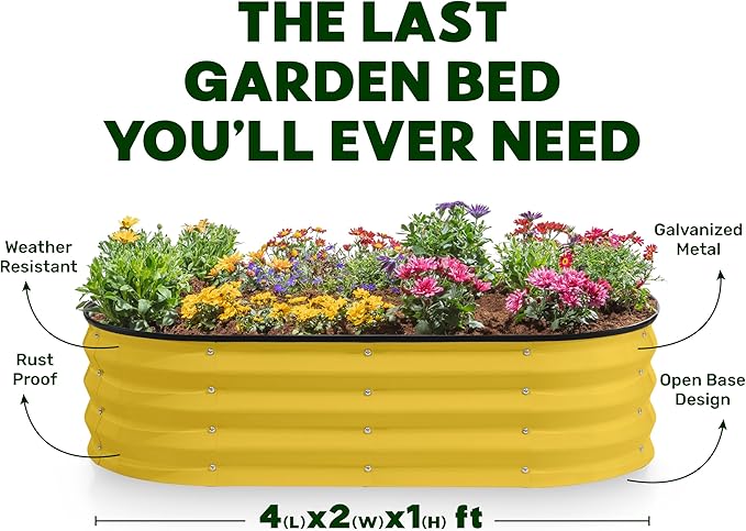 Plant & Plot Galvanized Raised Garden Beds Outdoor // 4×2×1 ft Planter Raised Beds for Gardening, Vegetables, Flowers (Yellow) // Large Metal Garden Box