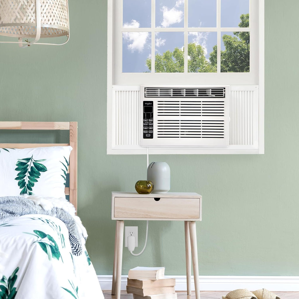 whirlpool 6,000 btu window air conditioner with dehumidifier, side view