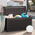JUMMICO 100 Gallon Resin Deck Box with Cushion, Waterproof Outdoor Storage Box with Lockable Lid for Garden Tools, Patio Cushions (Brown)