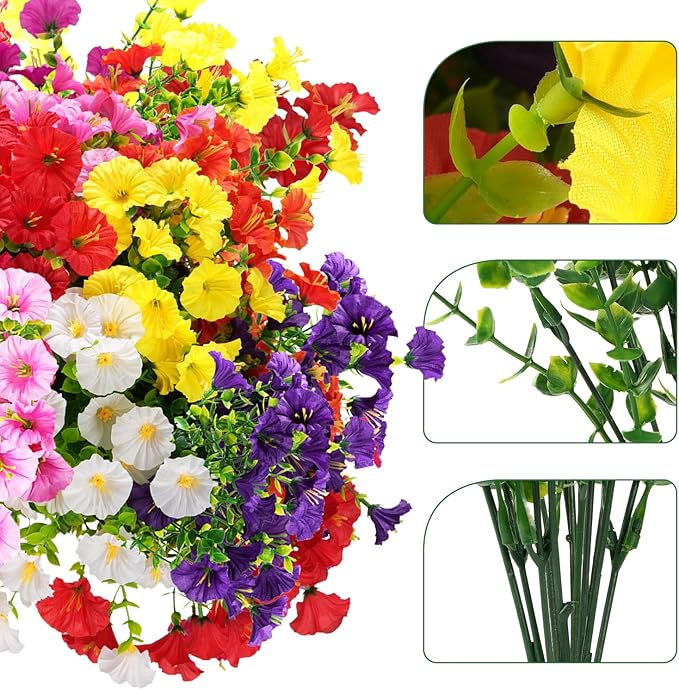 Artificial Flowers for Outdoors, UV Resistant Fake Silk Morning Glory, Realistic Faux Plants for Outside Porch Patio Window Box Hanging Planter (16, White)