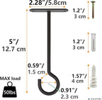 NACETURE Ceiling Hooks Heavy Duty 2 Pack - Plant Hooks for Ceiling Hanging Hook for Hanging Basket Hook, Light, Bird Feeders, Wind Chimes Décor Indoor & Outdoor (Black, 5 Inch 2 Pack)
