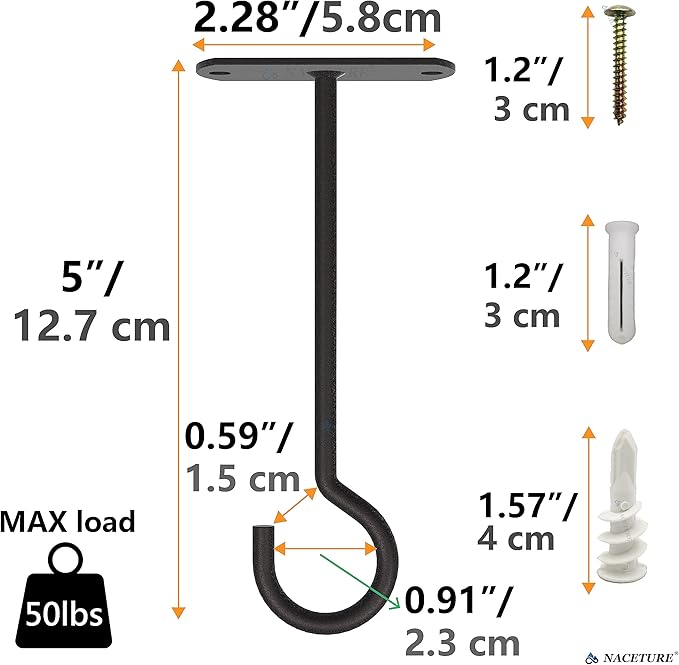 NACETURE Ceiling Hooks Heavy Duty 2 Pack - Plant Hooks for Ceiling Hanging Hook for Hanging Basket Hook, Light, Bird Feeders, Wind Chimes Décor Indoor & Outdoor (Black, 5 Inch 2 Pack)