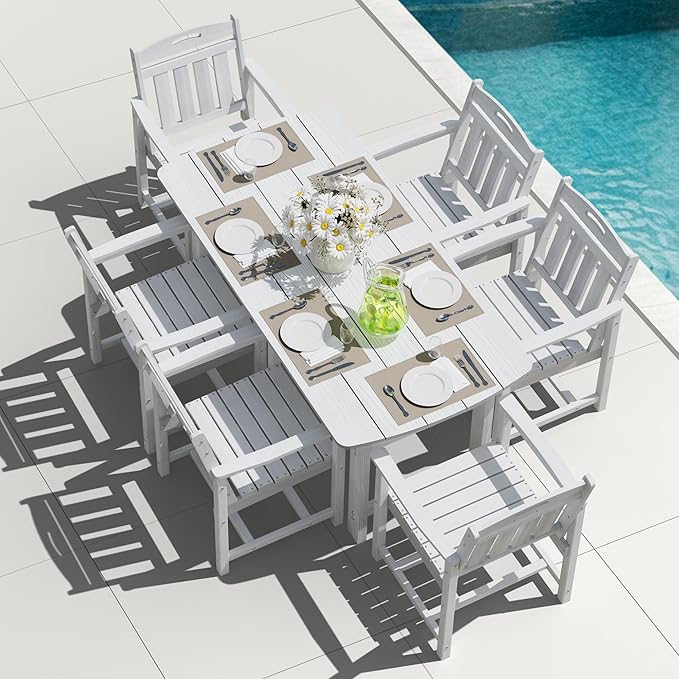 Outdoor Rectangle Dining Table, Heavy-Duty HDPE Table for 6, Weatherproof Patio Table with Umbrella Hole, Rounded Corners for Safety, White