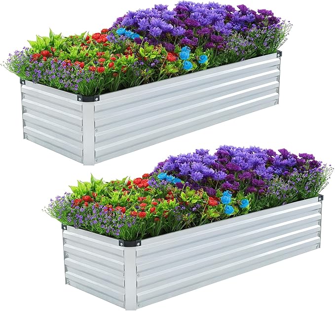 2 Pack 4x2x1FT Galvanized Raised Garden Bed Kit, Outdoor Metal Planter Box for Vegetables, Bottomless Rectangular Gardening Bed with Support Rods, Tool-Free Assembly, Silver