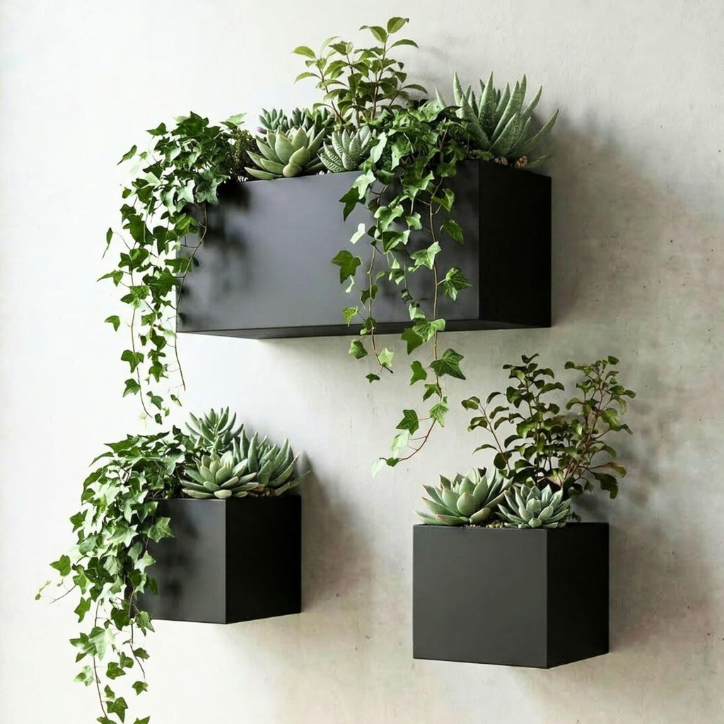 LaLaGreen Wall Planters (3-Pack Set) Rectangular Wall Mounted Hanging Flower Boxes for Indoor Plants, Black Carbon Steel Metal Windox Box Planter Plant Modern Balcony Windowsill Herb Home Garden Decor