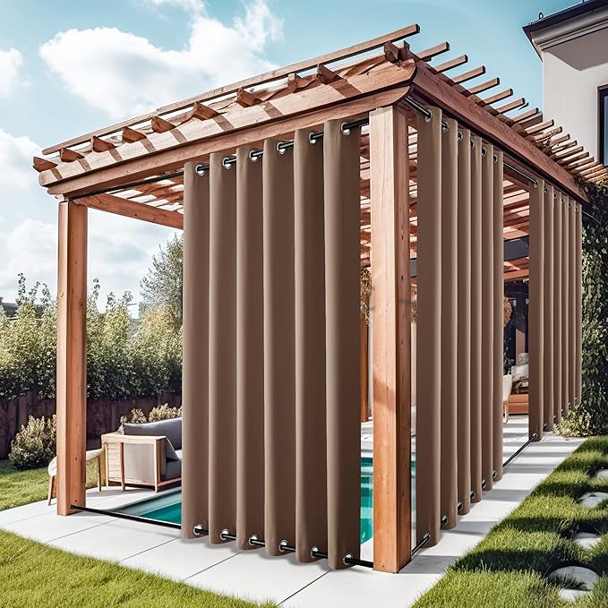 NICETOWN Waterproof Weighted Outdoor Curtains Grommet Top & Bottom 2 Panels, Fixed Wind-Break Keep Warm Outdoor Patio Curtains Blackout Thermal Insulated Drapes for Perogola, Tan, W84 x L84